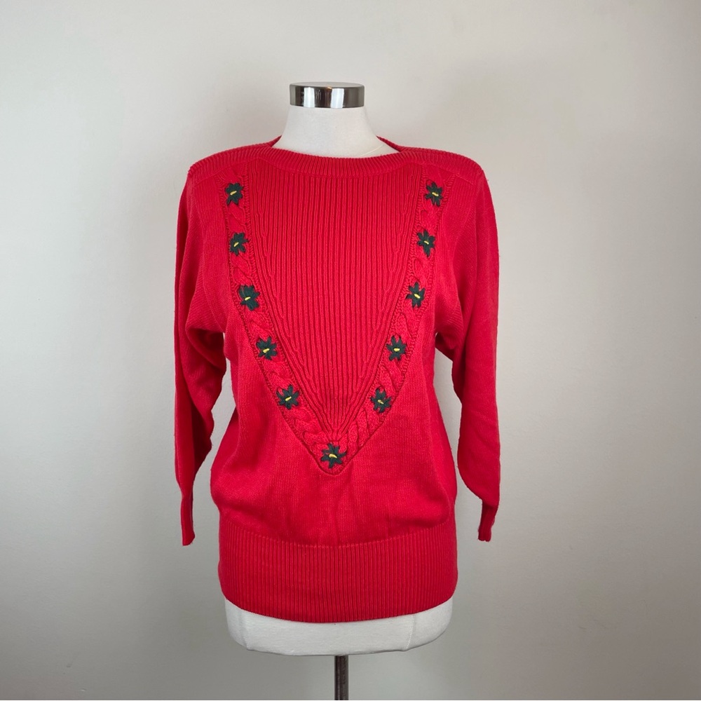 That's Me! Vintage Red Floral Knit Sweater Women Small Holiday Party Christmas